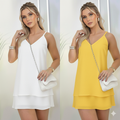 Kit com 2 vestidos femininos elegantes em tecido Duna, com alça ajustável e barra em camadas. Conforto, estilo e ótimo custo-benefício.